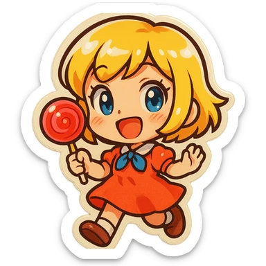 chibi anime girl with short blonde hair, holding a lollipop, cheerful, retro stickers style sticker