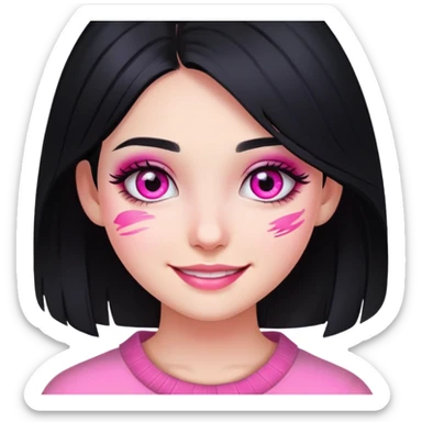 smiling girl with black hair and pink eye makeup smudged, no glitter sticker