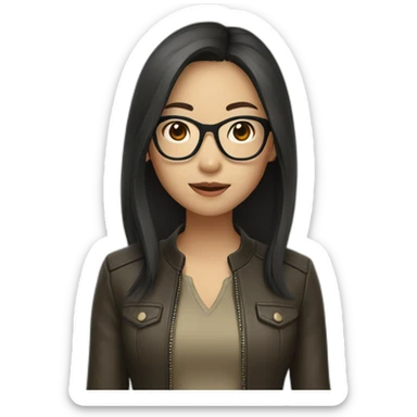 asian girl with glasses and a leather jacket with a khaki shirt and long dark hair sticker