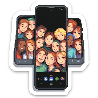 Y2K folder phone, open, showing a group selfie on the screen sticker