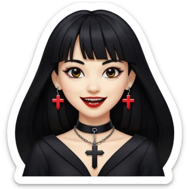 vampira com cabelo preto longo e liso e franja, olhos pretos, brincos em formato de cruz, choker em formato de cruz, roupa preta com decote, batom preto e sorrindo mostrando as presas de vampira sticker