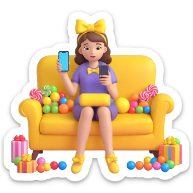 A girl sitting on a couch with a cat, holding a smartphone, with a yellow bow on her head, surrounded by candy, in a warm, cozy setting. sticker