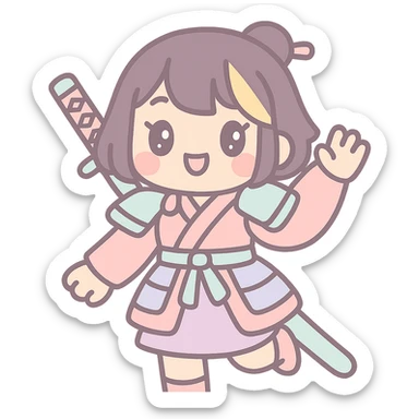 kawaii samurai girl with short hair and one streak of blonde in her hair, playful pose, kimono with armor accents, blushing cheeks sticker