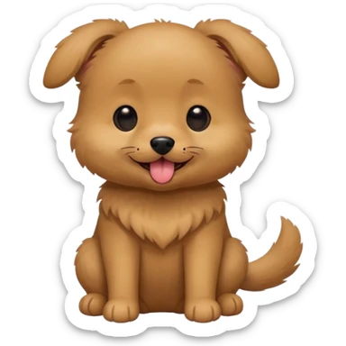 Cute small brown fluffy dog emoji icon. Round face, short muzzle, light brown fur with slightly darker ears, small black nose, happy smiling expression with tongue out. Soft friendly eyes, sitting pose with front paws together. Simple clean vector style, minimal details, kawaii style. sticker