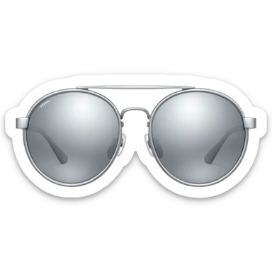 A pair of luxury sunglasses emoji with silver chrome frame, smooth rounded lenses, reflective metallic surface, high-end swag aesthetic, minimal and clean design, iOS emoji style, centered, white background sticker
