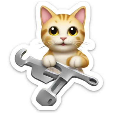 A cartoon emoji-style car with a cat sitting on the open hood, holding a wrench and smiling sticker