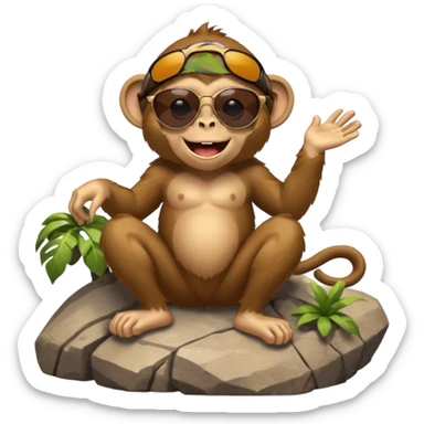 Monkey on a mountain with sunglasses laughing sticker