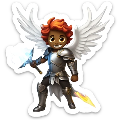 angel vs demon in a lively fight mid flight with swords and armor and lightning sticker