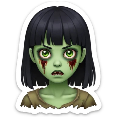 girl zombie with black hair and bangs with horror green skin sticker