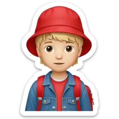 A little boy student, blonde hair, with red bucket hat, jean jacket, backpack sticker