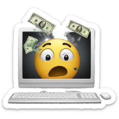 A stressed-out computer with smoke coming out and money flying away sticker