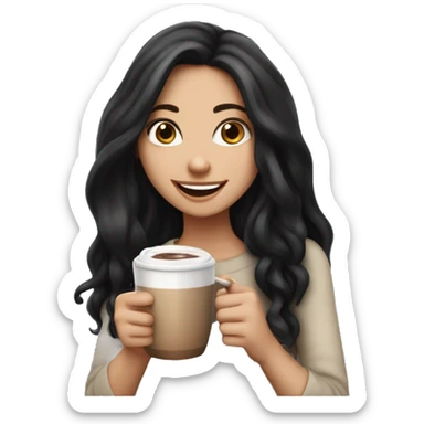 White girl with long black hair holding a cup of hot chocolate and smiling  sticker