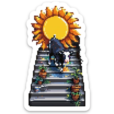 pixel art illustration merging a staircase, the sun, and a cow into a single whimsical form sticker