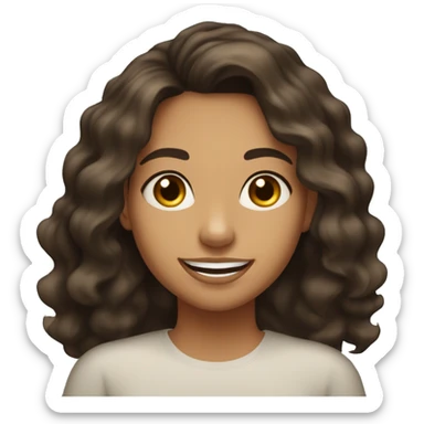 22-year-old woman. Girl with really really dark brown shoulder-length beach waves. REALLY Dark brown eyes with a HUGE OPTIMISTIC SMILE no teeth." Olive SKIN  sticker