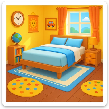 Add a colorful bedroom background with bright walls, playful decorations, and a cozy rug. Keep the room tidy and inviting in emoji style sticker