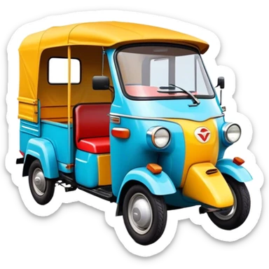Cinematic Realistic Tuk Tuk Emoji, depicted as a vibrant iconic three-wheeled vehicle with bold colors and a compact design, rendered with crisp textures and dynamic urban lighting that captures its quintessential Thai charm. sticker