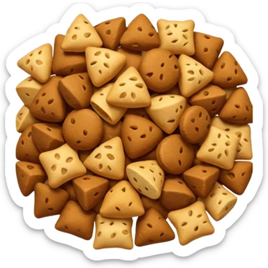 small handful of dry pet food pieces in varied shapes round triangular pillow-like warm brown tones slightly rough matte texture irregularly scattered crunchy bite-sized format no bowl packaging or extras just croquettes soft lighting subtle shadows emoji scale sticker