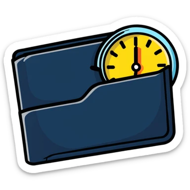 wallet with a zooming clock with motion blur in top right corner, clock with speed streaks, speedometer-style clock showing fast service sticker