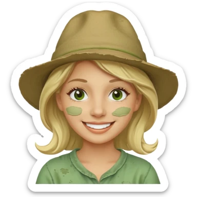 messy green clay mask and tourist hat blond woman  smiling and clay mask on full face sticker