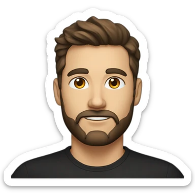 White man with a sun kissed tan, blue eyes and dark brown hair, styled sideways backwards. He has a beard and mustache trimmed. Wears s black t-shirt. sticker