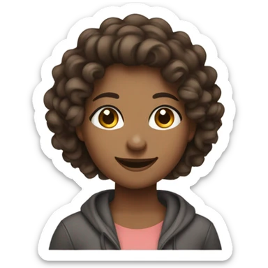 a woman saying hey! with a smile and a wave with a cute outfit on. long curly hair, brown eyes, brown skin, in leggings and a hoodie sticker