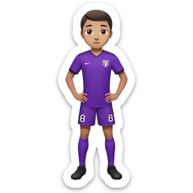 Apple emoji style 21 year old athletic soccer player standing same pose, purple jersey #8, clean gradient background sticker