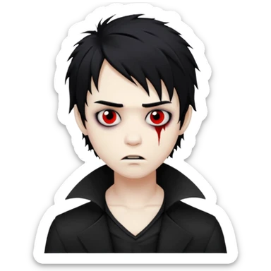 vampire boy with messy black hair, emo style, medium length, eerie and unsettling face sticker