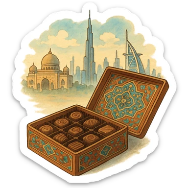 ghibli style chocolate box with Arabic patterns and Dubai cityscape sticker