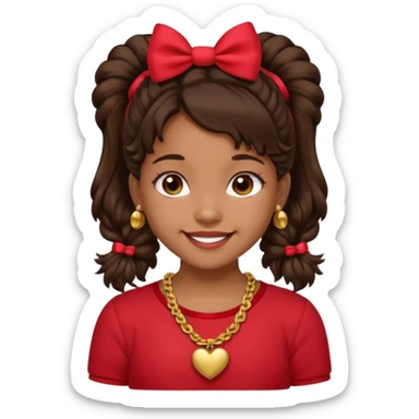 Brownskin girl dark brown hair fluffy. pigtails with red bows brown eyes smiling closed mouth red shirt gold esrrings gold necklace sticker