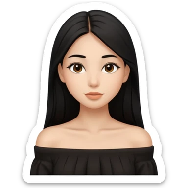 A realistic 3D avatar of a young woman with a soft oval face, slim cheeks, natural almond eyes, long straight black hair, minimal makeup, wearing a black off-shoulder top, elegant and aesthetic, brown skintone, add nosepin at left side.  sticker