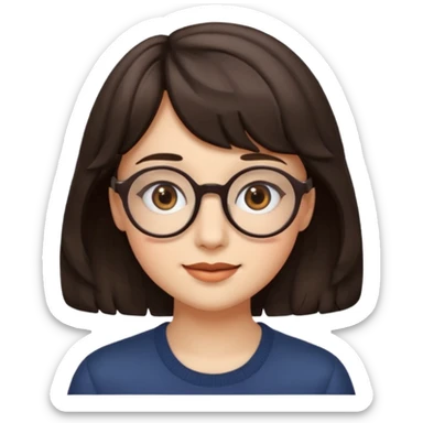 Koyu renk, dağınık dalgalı saçlı, kısa kahküllü, yuvarlak gözlüklü ve büyük kahverengi gözlü bir genç kadının yüzünü gösteren emoji tarzı illüstrasyon. Hafif bir gülümseme veya tatlı bir sırıtış ifadesi var. Cilt tonu açık. sticker