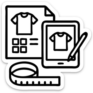 Minimalist vector icon representing fashion design management: an overhead view of a stylized open tech pack document showing a garment sketch, alongside a color swatch grid, a digital tablet with a pen, and a measuring tape curved into the shape of a semicircle. Use clean lines, soft neutral tones with one pop of color (like coral or teal), and geometric shapes. The icon should convey precision, creativity, and fashion process in a modern, professional style. Designed to be easily recognizable at small sizes. Yellow & black theme sticker