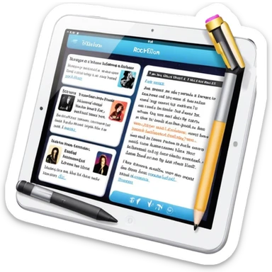 Create an emoji representing fanfiction writing. The design should feature a tablet with a screen displaying images of rock and movie stars, symbolizing the inspiration from popular culture. Next to the images, there should be visible text representing the fanfiction being written. A stylus should be placed near the tablet to emphasize the act of writing. Use a creative and expressive color palette with vibrant and neutral tones. Do not include any emojis or smiley faces. Make the background transparent. sticker