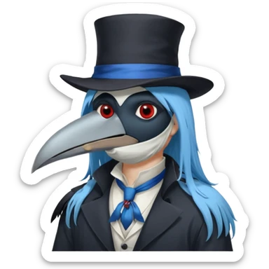 Plague Doctor with light-blue beautiful hair, handsome sexy, long hair tendril bangs down on the sides, white lab coat, blue cravat, black feathers on shoulder, raven companion, black gloves, red eyes sticker