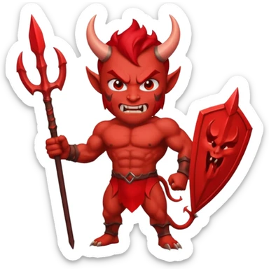 Emoji-style devil: red skin, horns, muscular body, red trident, angry face, sticker