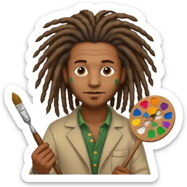 man artist with dreadlock, holding painter and color pallete sticker