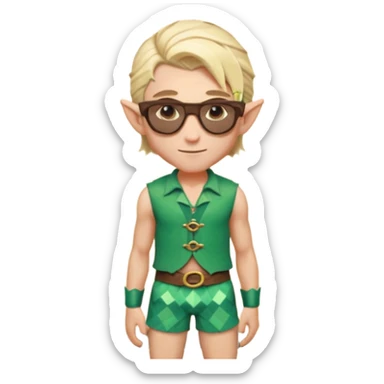 elf male legolas portrait, patterned board shorts (geometric/abstract), unique wooden-framed sunglasses, undercut hairstyle, slight smirk, visible pointy ears, no background, centered emoji, hipster summer vibe sticker