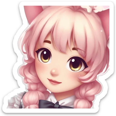 Gorgeous anime style catlady with blushing face with maid outfit bow tie idol model cottagecore shiny colorful pearly petite simplistic aesthetic trending style sticker