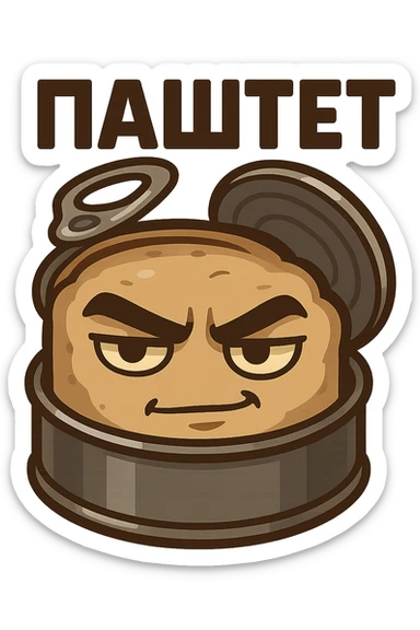 Chibi style open pâté tin can with visible pâté inside, masculine vibe, confident tough expression, half-smile smirk, thick eyebrows, slightly narrowed eyes, calm dominant energy, cartoon but not babyish, strong simple shapes, thick bold outline, muted colors (beige, brown, dark gray), flat illustration, no background, Twitch emote style, readable at small size, text on top saying "ПАСТЕТ" in bold strong Cyrillic letters sticker