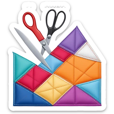 Patchwork icon, colorful quilt with sewn-together fabric pieces, visible stitching, scissors, thread, and sewing needles, minimalistic style, clean lines, transparent background. sticker