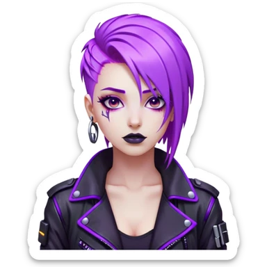 A cyberpunk hacker with neon purple hair, black leather jacket, and glowing screens. sticker