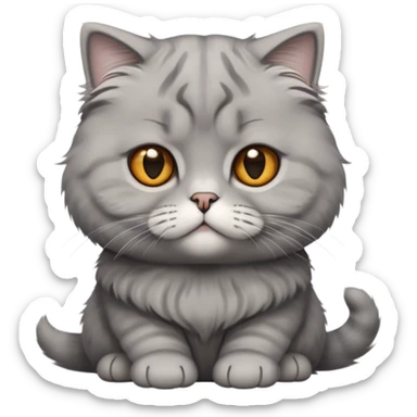 Cinematic-Fluffy-Grey-Scottish-Fold-Cat-Portrait-Emoji – Head tilted cutely with big, sparkling amber eyes, soft solid grey fur, and signature small folded ears pressed gently against its round head, simplified yet irresistibly adorable features, highly detailed, glowing with a soft and warm charm. sticker
