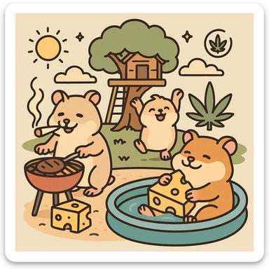 Discord server icon, 512x512 px, square format, summer pool cookout scene with up to 3 hamsters playing and relaxing, weed leaf, cheese, and THC theme, near a treehouse, in space. Flat toon style, soft but colorful, bold outlines, nostalgic, fun, inviting, summer party vibe, clear composition, less vibrant colors, crisp details, designed to look good even at tiny size. sticker