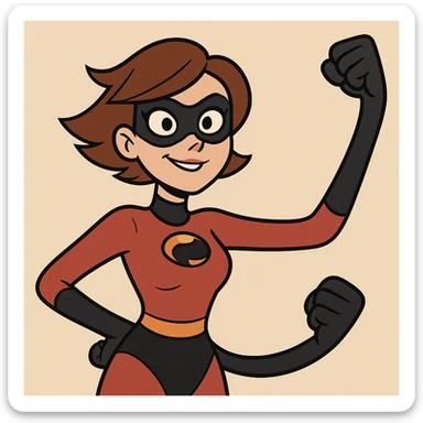 upper body of a heroic woman with stretching powers, red and black superhero outfit, black mask, short brown hair, animated style sticker