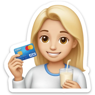 Glad emoji, med kreditt kort i hånden og mel pulver ved seg sticker