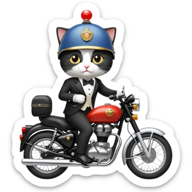 A tuxedo cat riding a royal enfield bike sticker