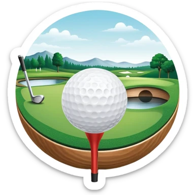 A golf ball on a tee with a golf club placed beside it, set against the backdrop of a well-manicured green golf course. The scene emphasizes the equipment and serene atmosphere of the sport, with soft lighting and a peaceful, open landscape sticker