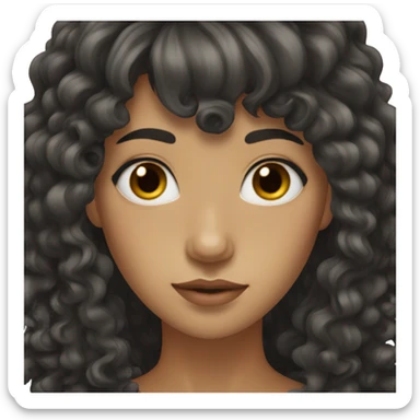 woman with long black curly hair and bangs and dark brown eyes sticker