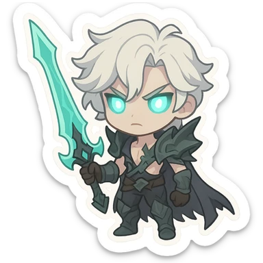 Viego from League of Legends, chibi style, holding his sword, glowing eyes sticker