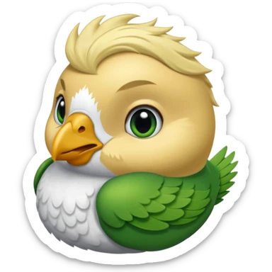 un oiseau classique de profil tout vert et un seul poil blond qui fait une petite bouclette sur le front avec le collier argenté avec des ronds attachés au collier est autour du coup de l’oiseau entre la tête et le corps sticker